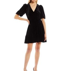 NWT Antonio Melani Black Velvet Tiered Puff Sleeve Smocked Waist Dress